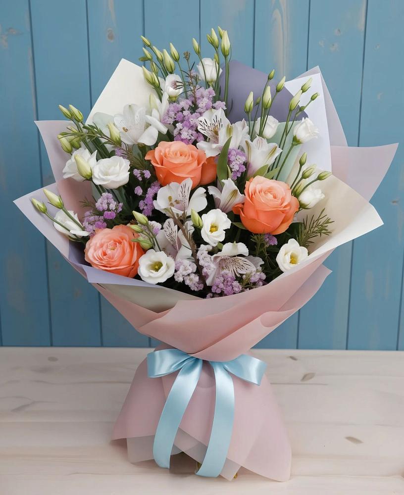 Букет цветов из: Лизиантусы, Розы, Альстромерии и Гипсофила в Ундоры